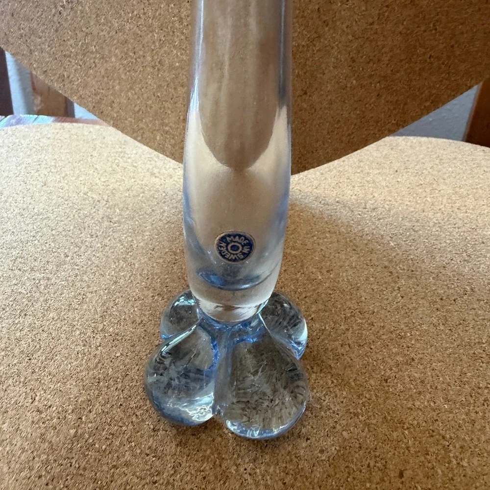 Vintage Swedish Art Glass Bud Vase Blue Clover Base Made in Sweden MCM 8 Inch